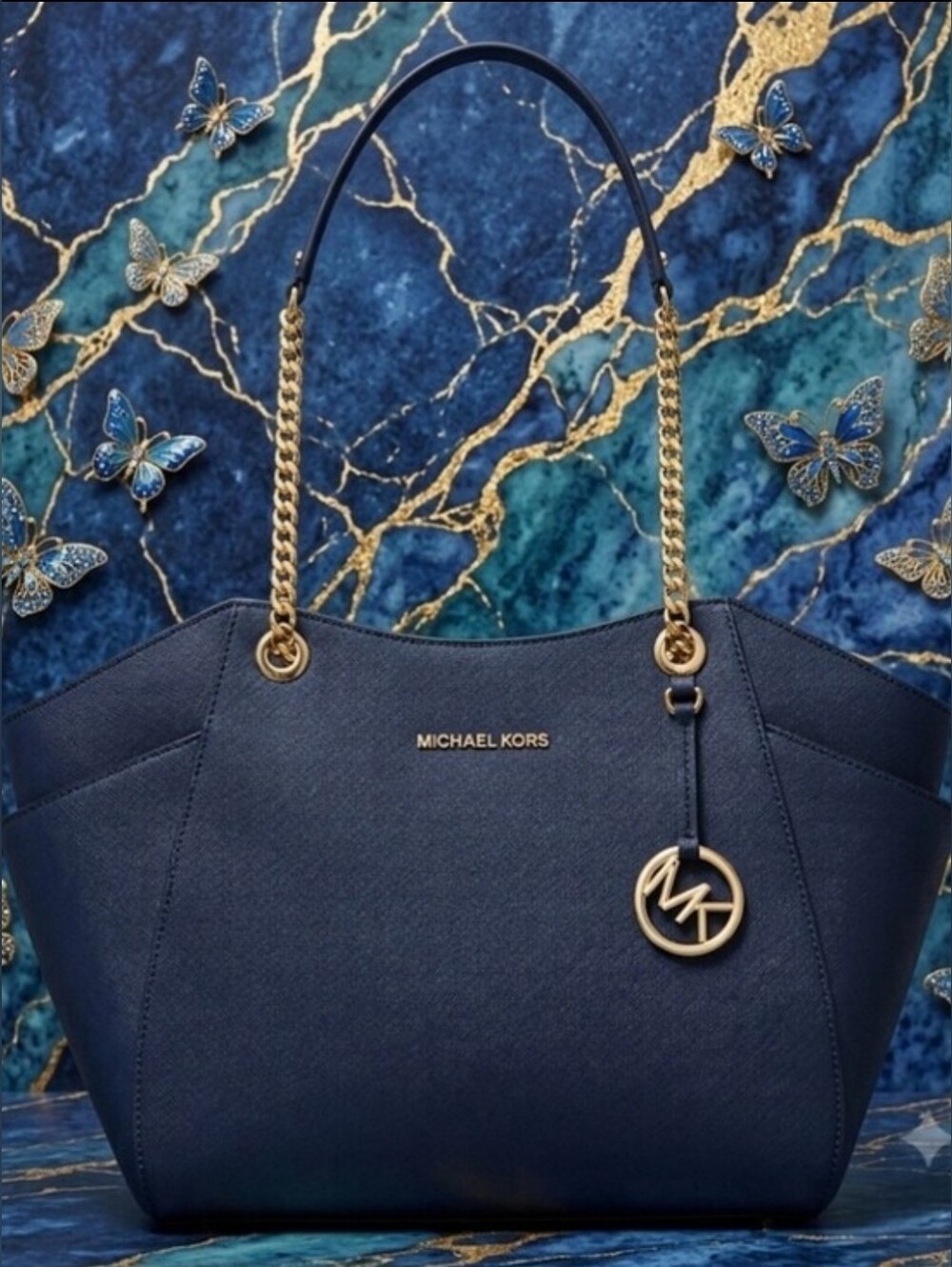Michael Kors Jet Set Navy Saffiano Leather Tote w/ Gold Chain Handles & Hardware